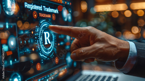 Intellectual Property Management: Business person interacts with a holographic "Registered Trademark" emblem, emphasizing the significance of branding and trademarks in a corporate setting.
