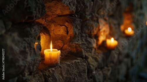 Within the stone walls of an ancient castle small alcoves carved into the rock hold small candles adding a touch of warmth to the castles cold interior. 2d flat cartoon.