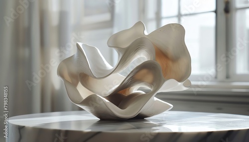 Transform the concept of a minimalist, sleek interior into a stunning clay sculpture from a unique low-angle perspective Emphasize clean lines and simplicity in the design, with a touch of artistic fl