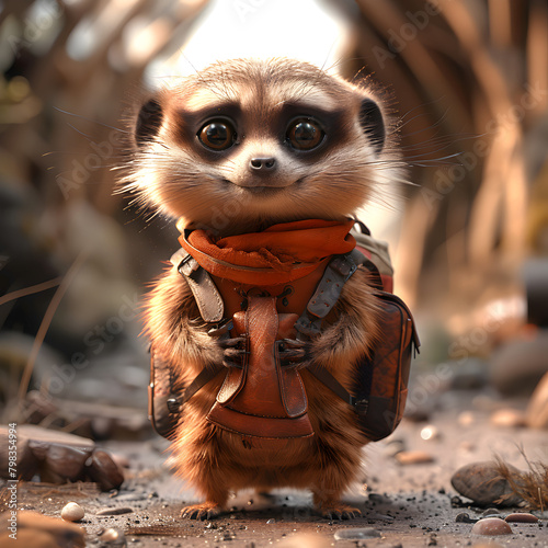 A 3D animated cartoon render of a curious meerkat leading lost travelers.