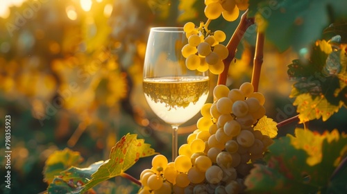 Warm evening light on a glass of white wine with ripe grapes.