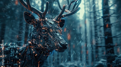 Future futuristic deer head with forest background, AI generated image.