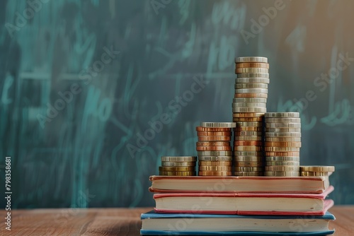 An image with a stack of ascending coins on top of books in front of a chalkboard filled with equations, symbolizing the increasing costs of education and the economic value of academic achievement