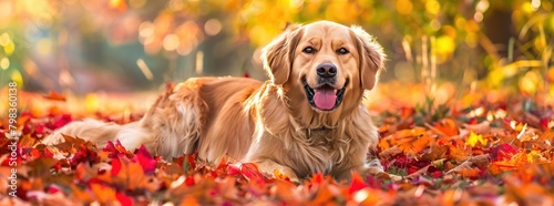 Golden retriever dog playing in autumn leaves wide background. Generate AI image
