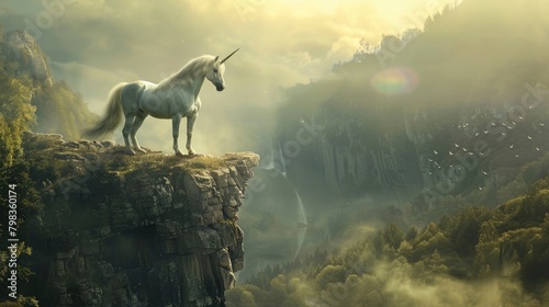 Enchant with a prompt featuring a white pegasus unicorn gracefully perched on a rock cliff high above