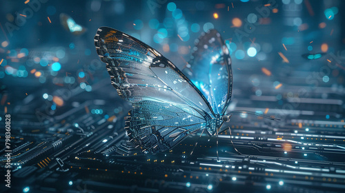 Within the circuitry of a futuristic spacecraft, a holographic butterfly flutters, its delicate form a reminder of the natural world left behind in the pursuit of technological advancement.