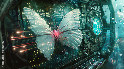 Within the circuitry of a futuristic spacecraft, a holographic butterfly flutters, its delicate form a reminder of the natural world left behind in the pursuit of technological advancement.