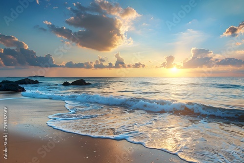 A serene sunrise at the beach, with gentle waves lapping the shore, rocks jutting out of the water, and a beautifully clouded sky reflecting the morning sun's warm hues