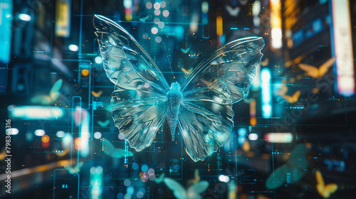 Amidst the glowing screens of a futuristic city, a holographic butterfly appears, its delicate form a reminder of the natural world that once existed beyond the bounds of technology.