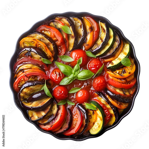  A French ratatouille, colorful with tomatoes, zucchini, and eggplant, transparent background, PNG Cutout