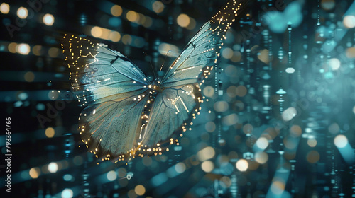 Against a backdrop of cascading code, a holographic butterfly flits, its wings leaving trails of light as it explores the intricate network of data that surrounds it.