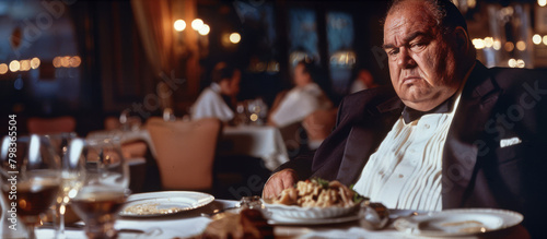 A very fat billionaire in a tuxedo sits in a restaurant and orders food. Overweight ugly man with a lot of money.