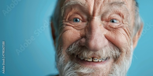 cute pretty old man with braces on teeth being happy on blue background. close up color photo of a old man and teeth health care