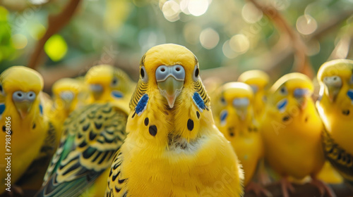 A group of curious yellow parakeets or budgies standing on the branches of a tree.