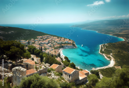 Asos Ionian Venetian Kefalonia seascape Castle Ruins Sea Greece village scene outdoor island view spring Awesome Aerial Europe Stunning Background Water Sky Beach Summer Travel House Landscape