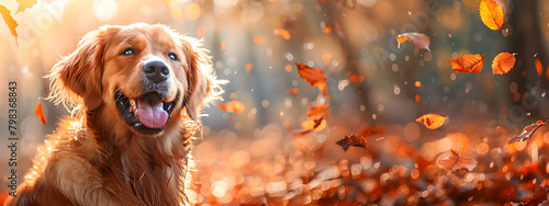 Happy golden retriever dog enjoying autumn nature, suitable for web banners and fall care advice for dogs.