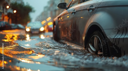 Flooded City Streets at Night: Cars Battle Through Heavy Rain