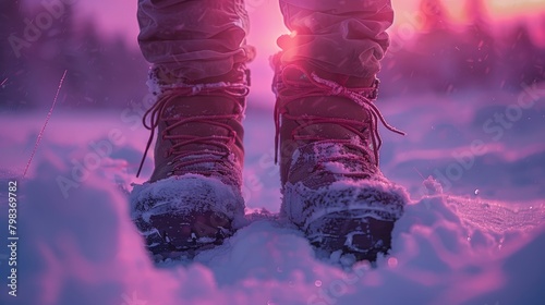 Hiker's boots embedded in fresh snow with dusk's pink light behind.