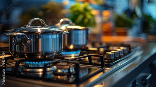 Modern kitchen pots simmer on the stove in a homey setting.