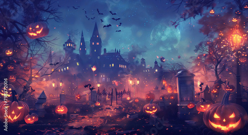 Mystical Halloween night with eerie castle pumpkins and bats