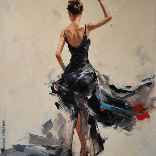 Artistic oil painting of a dancing woman in a black dress with color splashes