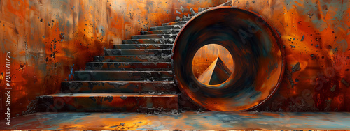Step into a surreal absurd world to a rusty metal wall, where a mysterious hole reveals a rusty pyramid, and an impossible staircase takes you to new dimensions.
