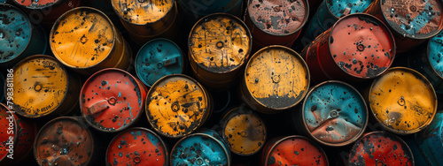 From above, witness the captivating sight of a scrap yard filled with rusty oil barrels, evoking a sense of industrial history and forgotten stories