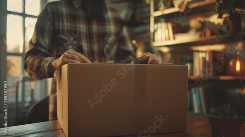 Employee packs office belongings in cardboard box.