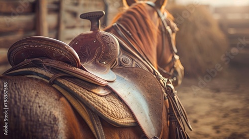 Horse saddle detailed in soft light whispers tradition.
