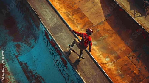 Aerial view of a skateboarder executing a high jump on a half-pipe ramp, capturing the artistry and precision of the sport