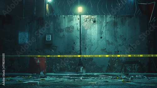 Atmospheric image of a desolate street corner at night, yellow police tape across a rough concrete wall under a dim streetlight