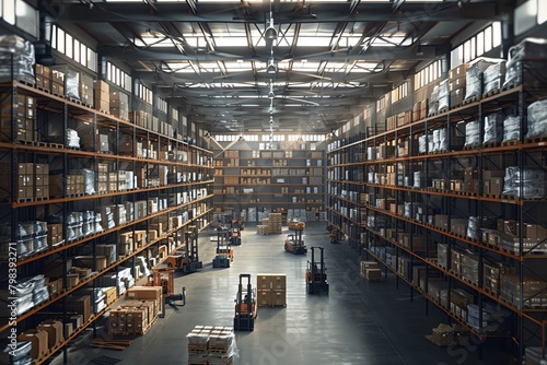 Capture a bustling warehouse from a dynamic birds-eye view with CG 3D rendering Show intricate details of organized shelves, forklifts in motion, and busy workers,