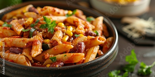 penne pasta mixed with red beans and vegetables in a tomato sauce