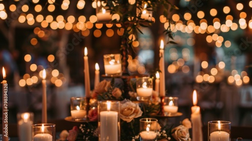 A mix of tealight candles and tapered candles are displayed on the multilevel platforms creating a visually striking centerpiece for this boho chic wedding reception. 2d flat cartoon.