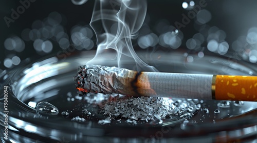 Super detailed close-up of a smoldering cigarette in ashtray with smoke and ashes