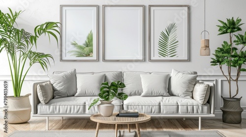 Square poster mockup with Three frames on empty white wall in living room interior.