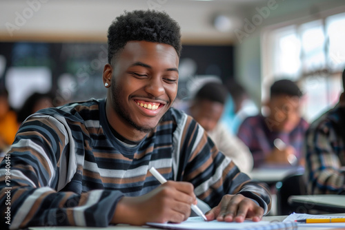 Happy african-american young student taking an exam, approaching the assessment with enthusiasm and a genuine desire to succeed in his studies