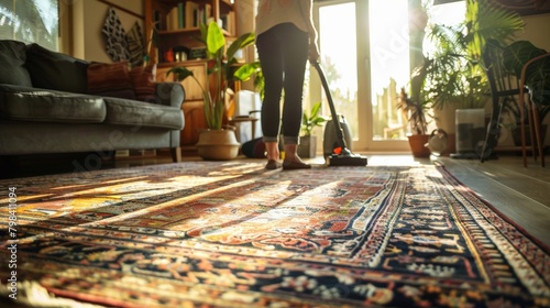 A person vacuuming a large, patterned rug in a sunny living room