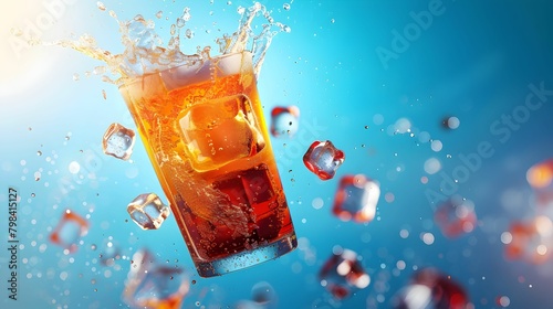 Dynamic image of ice cubes splashing into a glass of fizzy drink, creating a lively and refreshing scene against a cool blue backdrop.