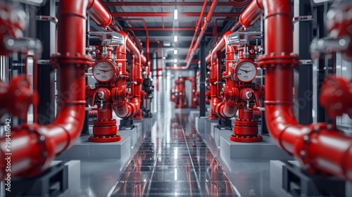 Advanced fire protection system installed in modern industrial setting with red pipes and gauges