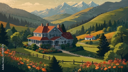 landscape of beautiful rural views. with flowers, houses, trees and charming green hills. generative ai