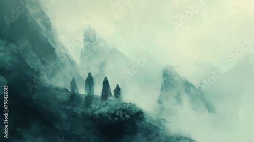Transcendental Revelation: Ethereal Depiction of Jesus and His Disciples Amidst Misty Mountain Peaks, Symbolizing the Serene Valley of Flowing Sheen