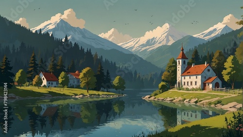 European rural landscape by the river with mountains in the background. design for banner, poster, social media, web. generative ai