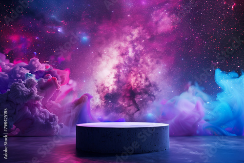 Empty podium with a galaxy with stars and nebulae background for product display or presentation 