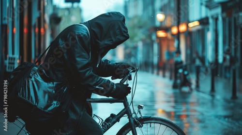 A thief in a hoodie tampering with a bike lock on a deserted urban street