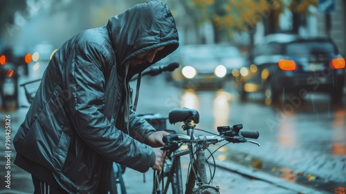 A thief in a hoodie tampering with a bike lock on a deserted urban street