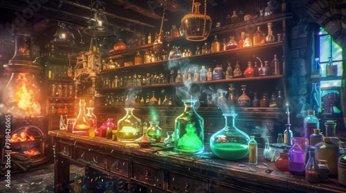 The alchemists lab is alive with swirling colors and bubbling liquids as the practitioner carefully pours a bright green potion from . .