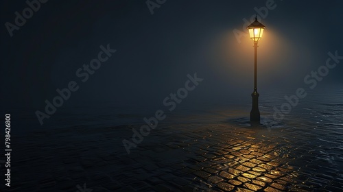 A dimly lit street lamp at night. The street is wet from rain. There is a building to the right of the lamp post.