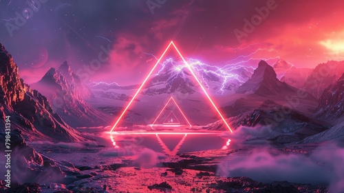 3d rendering. Abstract futuristic neon background. Fantastic landscape with glowing geometric triangular frame and mountains