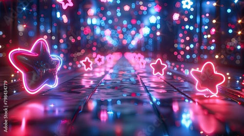 A neon lighted walkway with three glowing stars and a few other stars